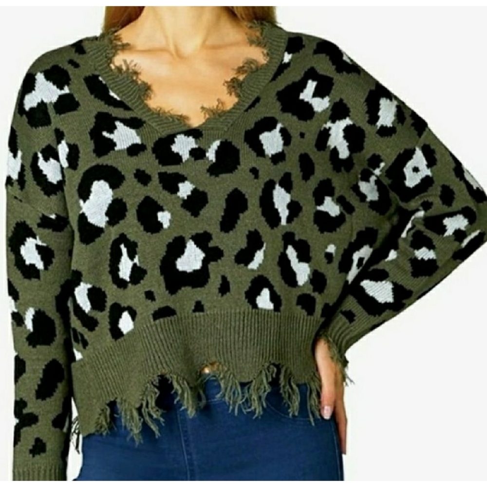 NEW Polly & Esther sweater top women's animal print destructed cropped plus SZ4X